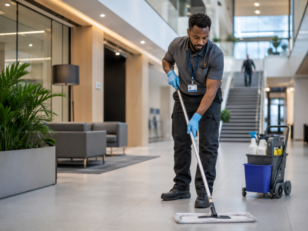 cleaning in a modern office lobby