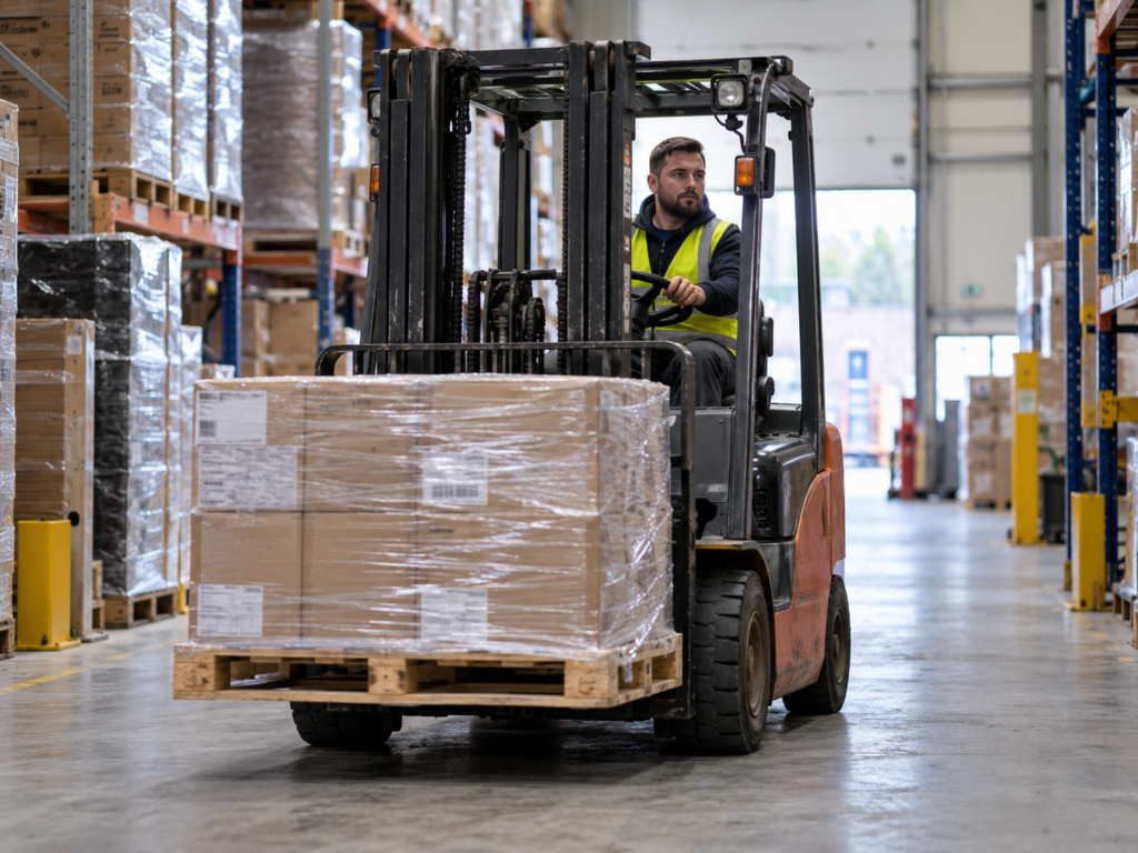 forklift driver moving a pallet